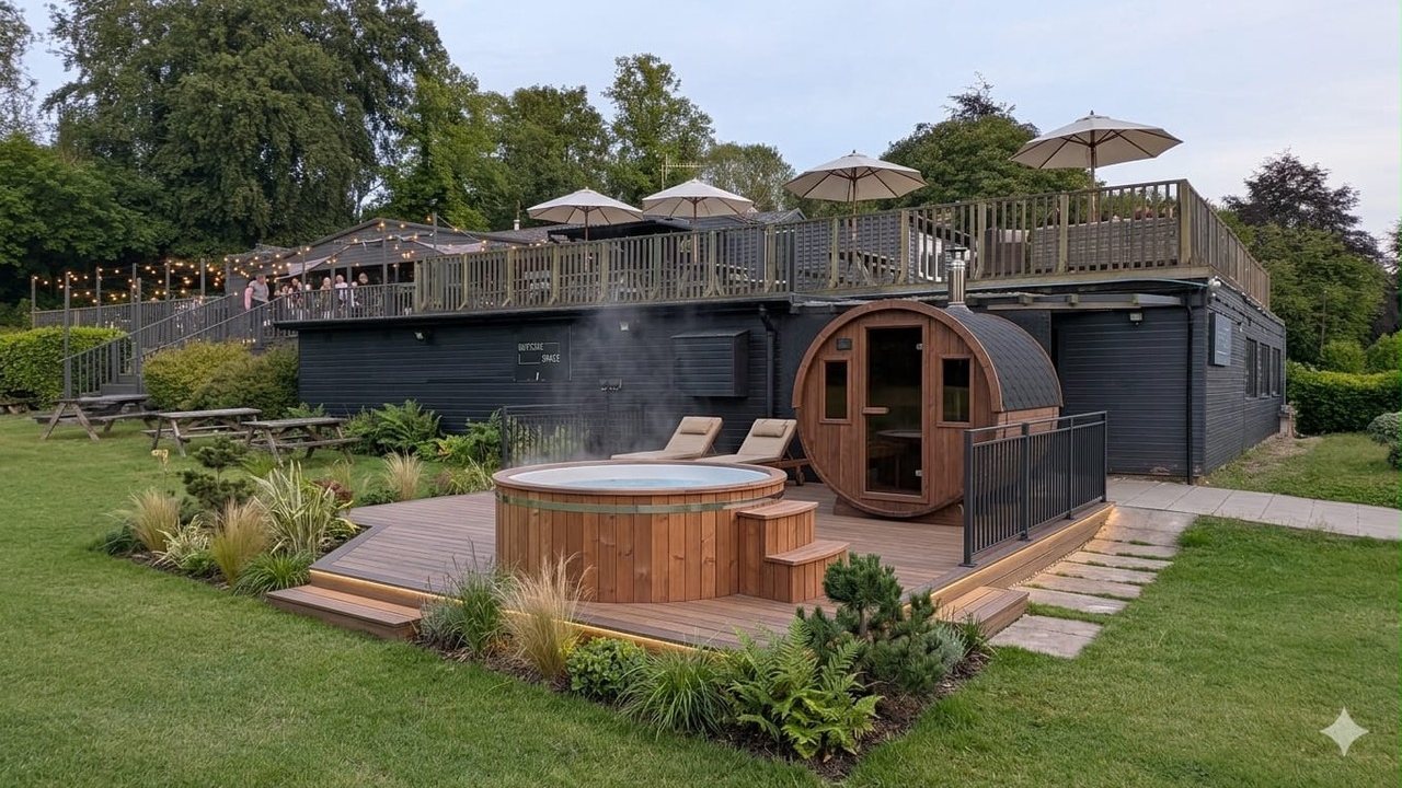 The sauna, hot tub and terrace at Magnolia Park at dusk